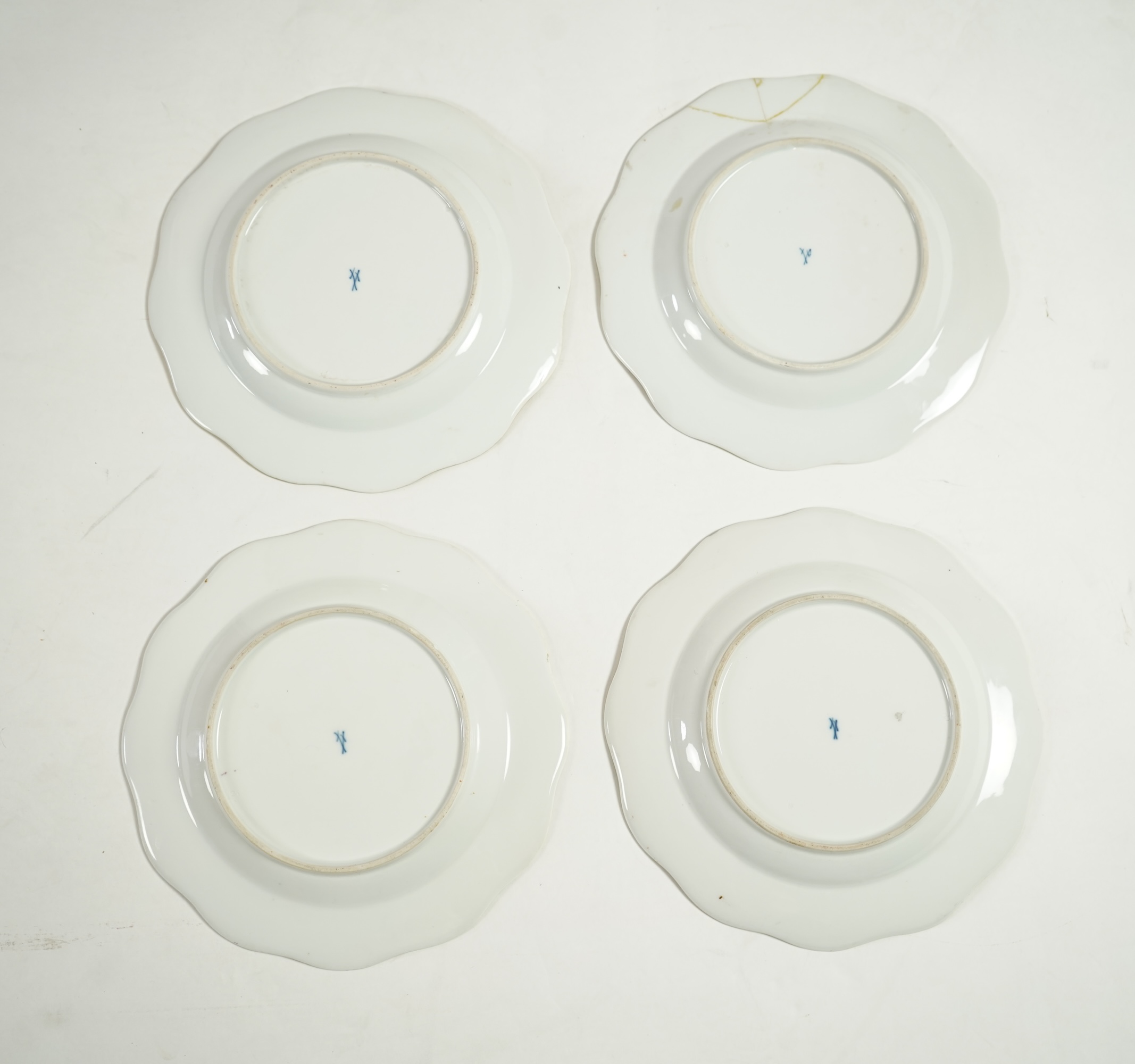 Four Meissen pastoral landscape plates, c.1760